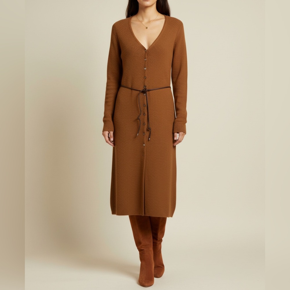 Apostrophe Women's‎ Ribbed Cardigan Dress Rust Brown V-Neck Long Sleeve Belted M